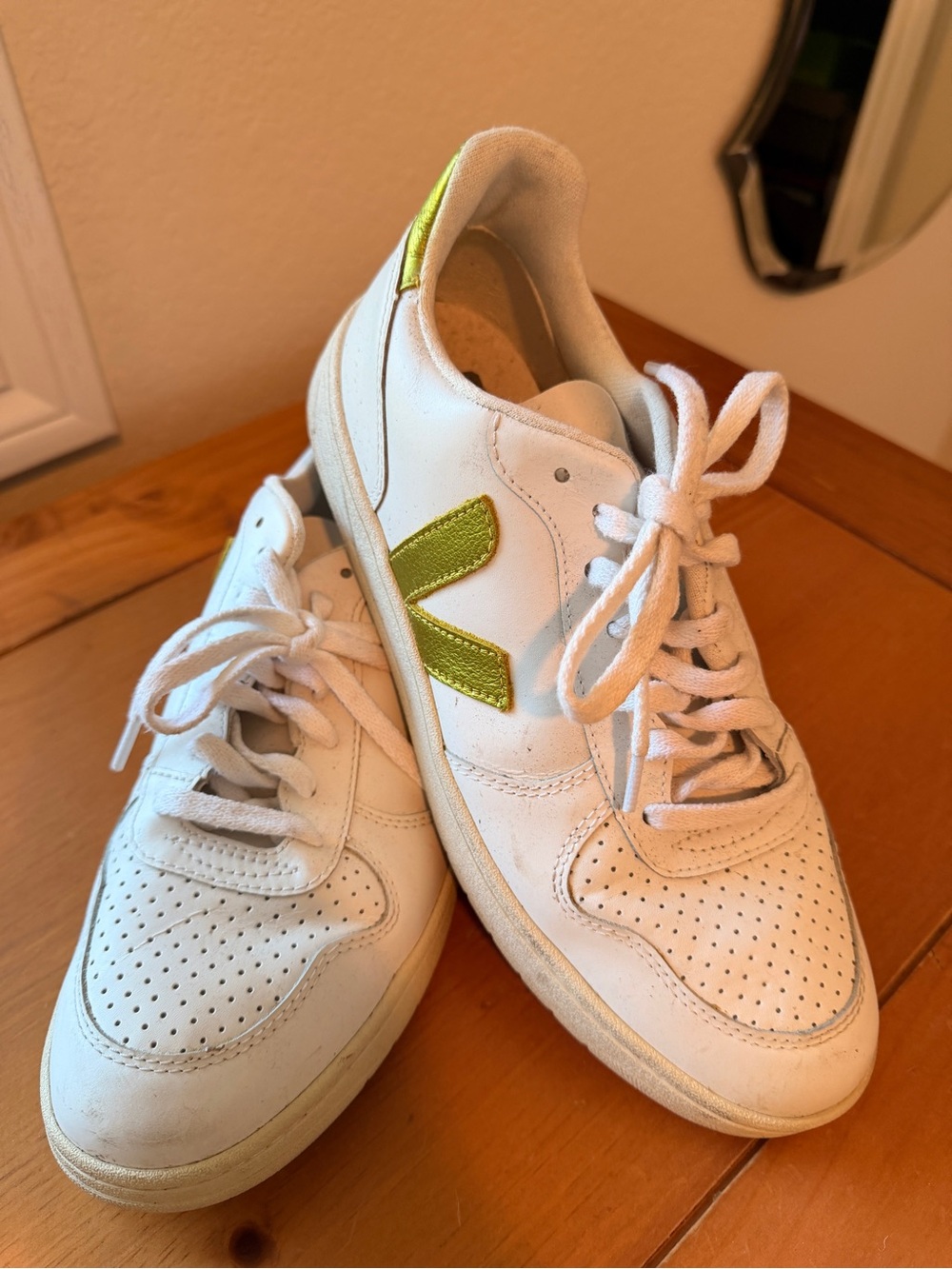 Veja White Leather Sneakers with Lime Green V Logo